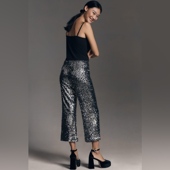 🪩Maeve Anthropologie The Colette Cropped Wide-Leg Sequin Pants in Black - Picture 2 of 8